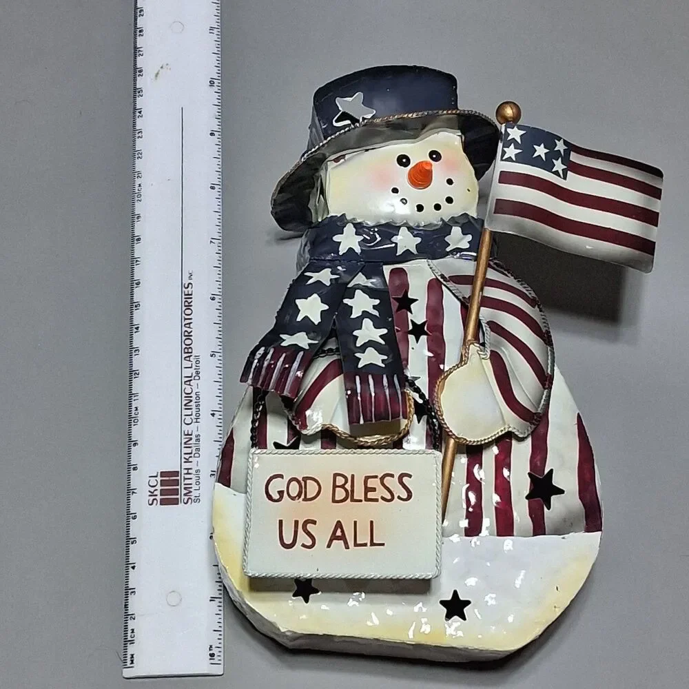 Home Interiors Patriotic Metal Snowman Votive Candle Holder – Holiday Tin Latern
